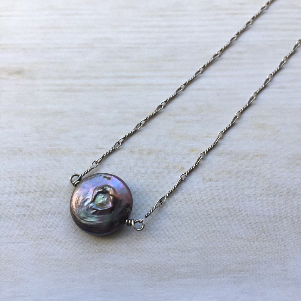 Peacock Coin Pearl Sterling Silver Necklace 16”